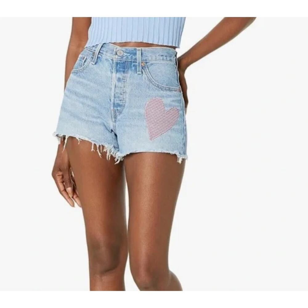 Levi's Denim 501s Medium Wash Patchwork Distressed Hem‎ Button Fly Shorts Sz 18W